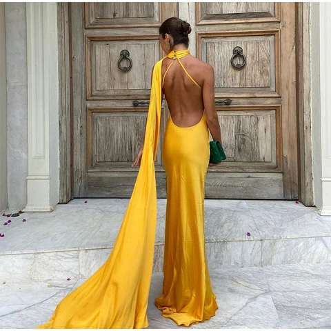 Yellow Satin Backless Off-Shoulder Long Prom Dress Evening Dress Y8466