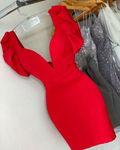 Elegante vestido rojo de fiesta con escote en V, vestido rojo para baile de bienvenida Y6040