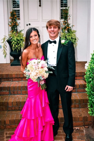 Hot Pink Satin Mermaid Prom Dresses Long Evening Gowns With Tiered Y1577