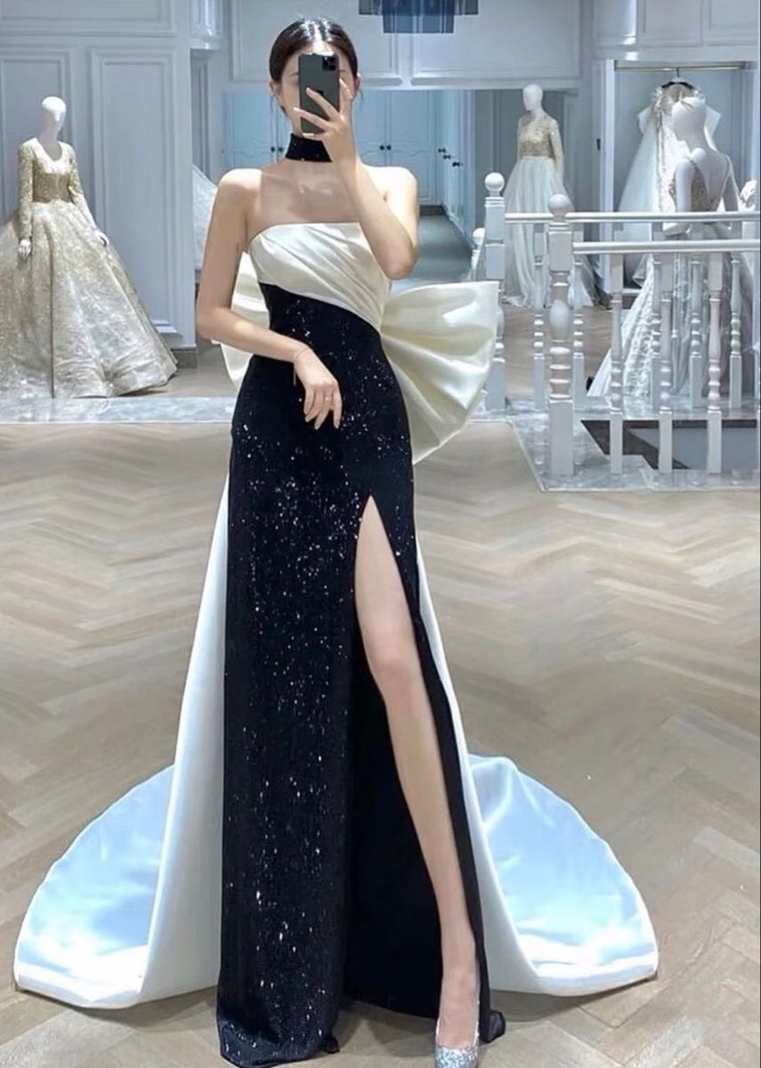 Robe de soirée élégante pour femme, jupe longue sirène, design bicolore noir et blanc, modèle Y4553, très populaire