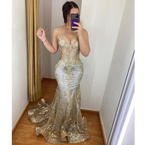 Robe de soirée sirène sexy à fines bretelles, robe de soirée glamour Y5253