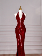 Sexy Burgundy Sequins Halter V Neck Evening Dress Backless Mermaid Evening Dress Y8628