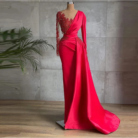 Long Red Satin Evening Dresses Sheer Neckline Long Sleeve Beaded African High Slit Women Formal Prom Dress S24678