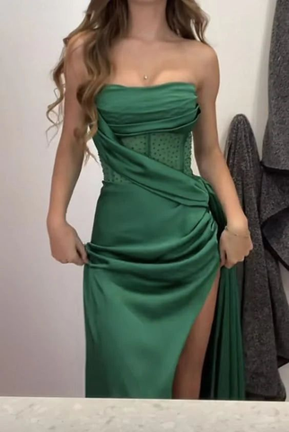 Vestido de noche verde sin tirantes, plisado, con abertura, sexy, para fiesta o graduación, con cuentas Y7982