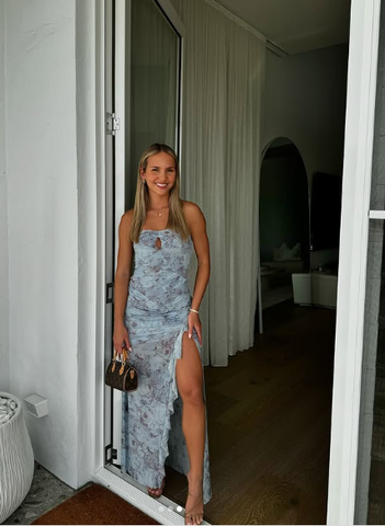 Chic Chiffon Print Floral Long Prom Dress Strapless Slit Party Evening Dress Y8238