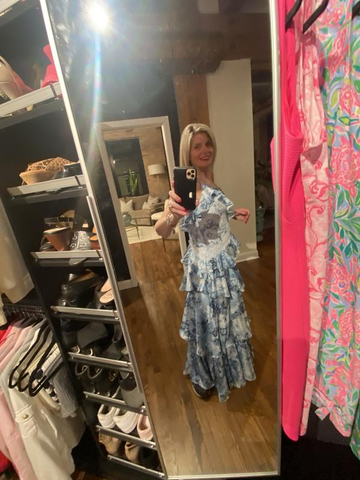 Gorgeous Blue Sleeveless V-Neck Lace Ruffle Tiered Evening Dress Formal Prom Dress Y8460