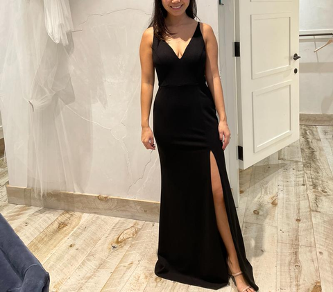 Classy V Neck Black Sleeveless Satin Prom Dress Side Slit Party Evening Dress Y8456