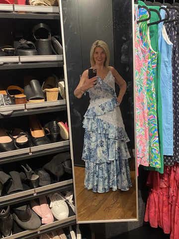 Gorgeous Blue Sleeveless V-Neck Lace Ruffle Tiered Evening Dress Formal Prom Dress Y8460