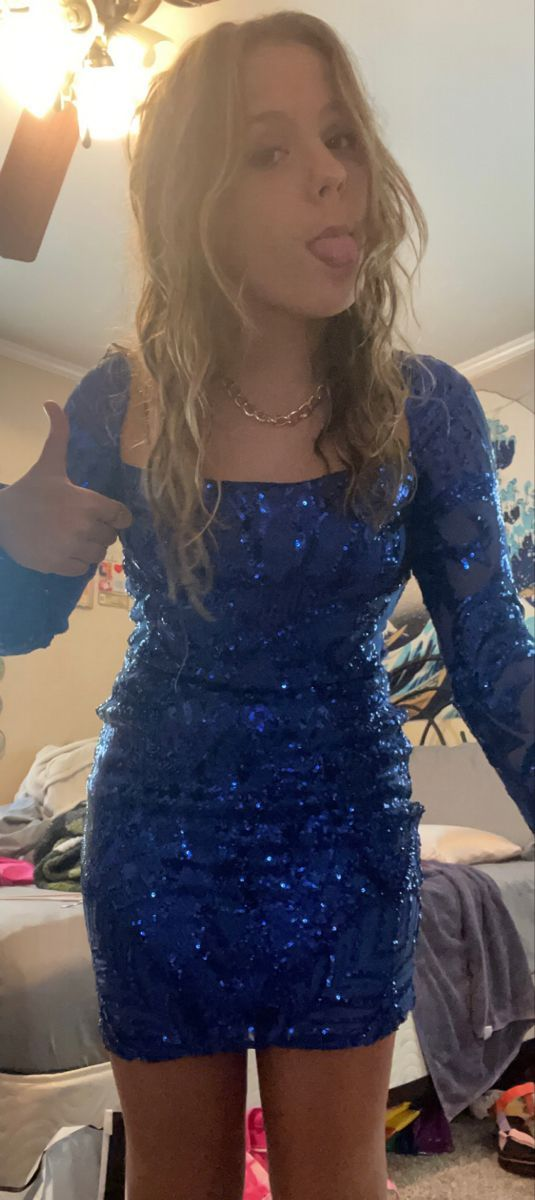 Robe moulante à sequins à manches longues, robe de bal sexy bleue Y6269