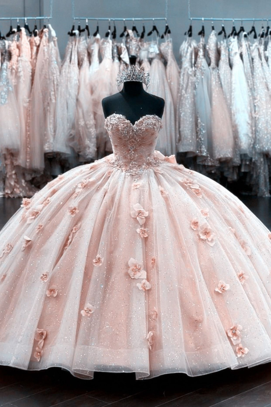 Robe de bal élégante en tulle rose poudré, taille 15, ornée de fleurs 3D (Y2582)