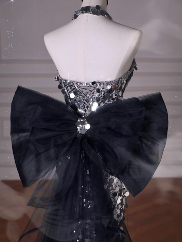 Robe de bal sirène en tulle à paillettes noires, sans bretelles, avec nœud Y8615