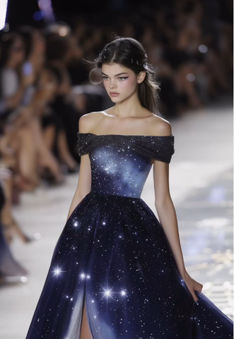 Ombre Blue Satin Sequins Ball Gown,Off The Shoulder A Line Prom Dress Evening Gown Y8337