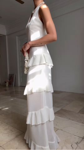 Simple White V Neck Chiffon Ruffle Prom Dress Backless Long Evening Dress Y8500