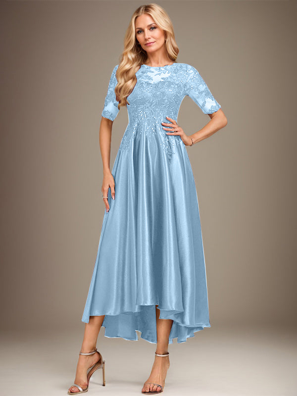 Robe de mère de la mariée asymétrique en satin stretch dentelle et dentelle, coupe trapèze, effet illusion, ornée de sequins 