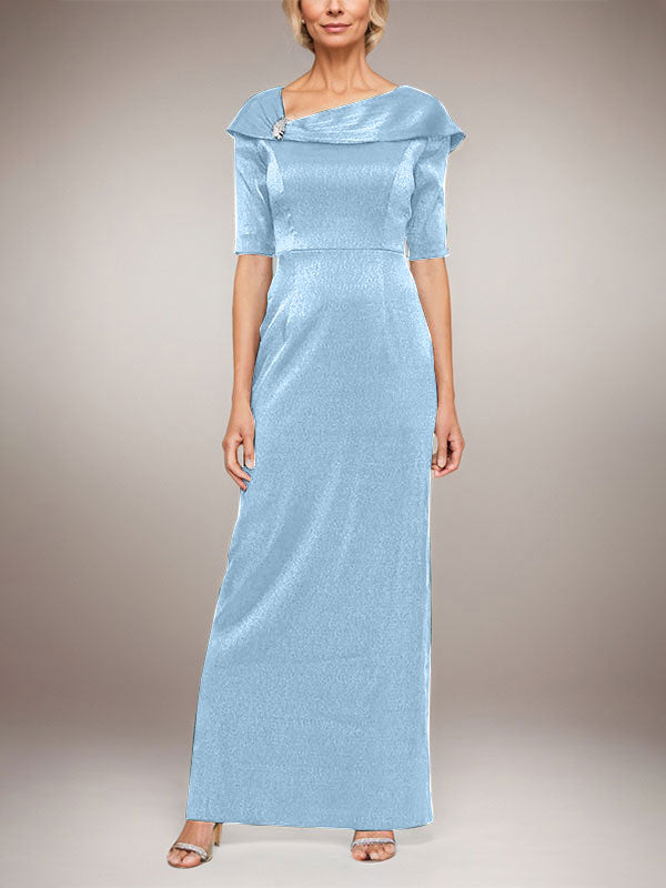 Vestido largo columna brillante con puño doblado, escote en L y mangas al codo