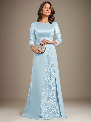 Robe de mère de la mariée en satin de dentelle, coupe trapèze, longue jusqu'au sol, ornée d'appliqués, avec décolleté plongeant et bretelles.