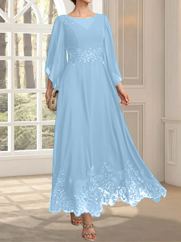 Robe de mère de la mariée en mousseline de dentelle, coupe trapèze, décolleté illusion, longueur cheville, ornée de sequins 