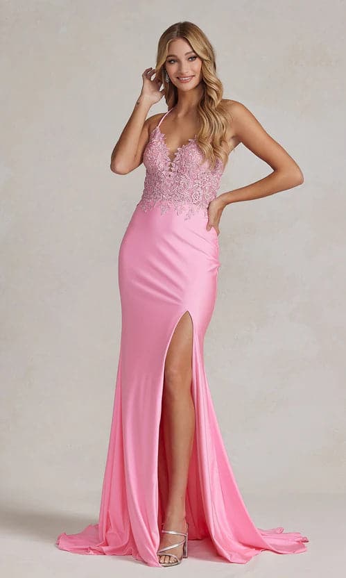 Vestido de graduación rosa con corpiño de encaje SYP56