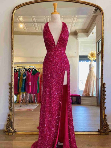 Robe de bal rouge à paillettes et dos nu avec fente VMP96