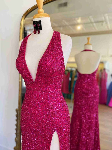Robe de bal rouge à paillettes et dos nu avec fente VMP96