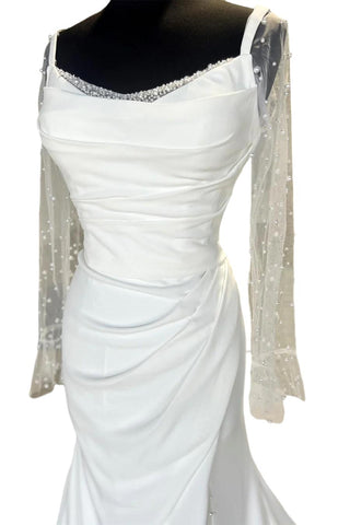 Backless Ruched White Wedding Dress with Detachable Sleeves WD718