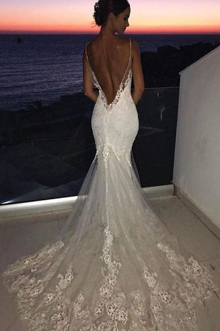 Vestido de novia de encaje estilo sirena, sexy, con tirantes finos WD597