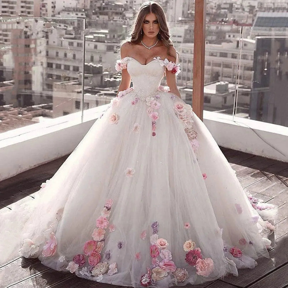Vestidos de novia de corte princesa 2023, escote corazón, hombros descubiertos, flores 3D, cola de barrido, tallas grandes, vestido de noche de boda
