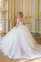 Robe de bal élégante à manches courtes en dentelle et tulle, robe de mariée WD692