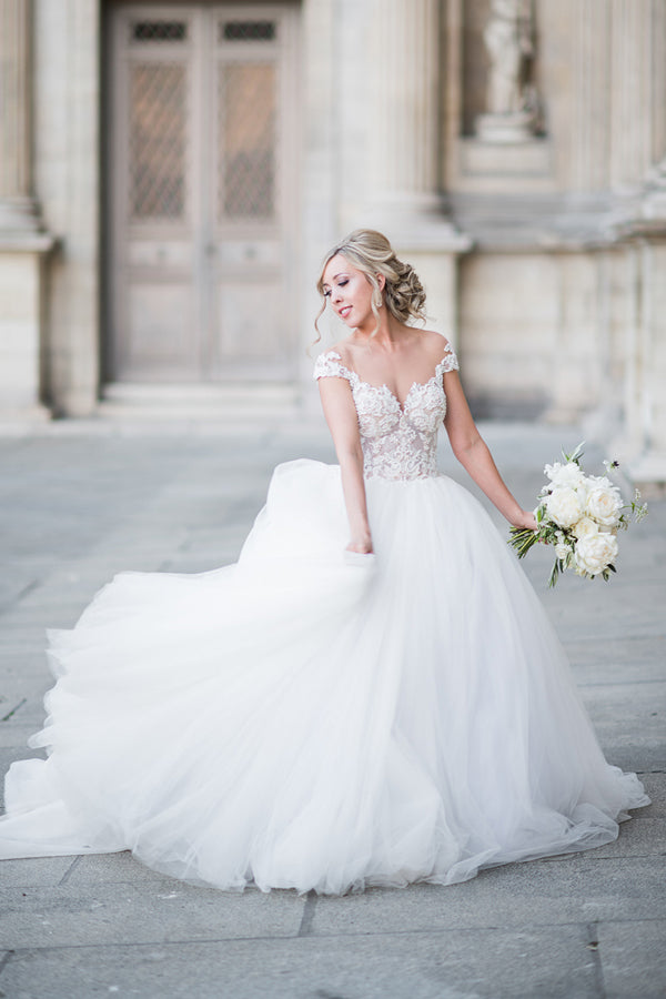 Robe de bal élégante à manches courtes en dentelle et tulle, robe de mariée WD692