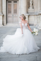 Robe de bal élégante à manches courtes en dentelle et tulle, robe de mariée WD692