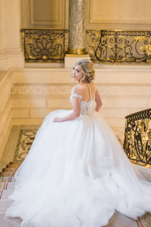 Robe de bal élégante à manches courtes en dentelle et tulle, robe de mariée WD692