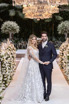 Robe de mariée blanche en dentelle, style bal, avec manches longues amovibles WD644