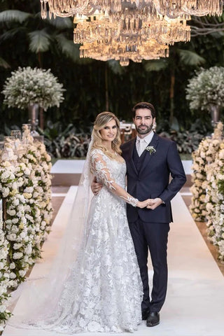 Vestido de novia blanco de encaje estilo princesa con mangas largas desmontables WD644