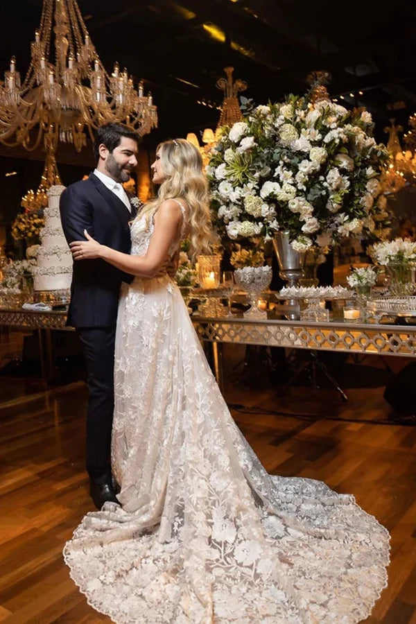 Robe de mariée blanche en dentelle, style bal, avec manches longues amovibles WD644