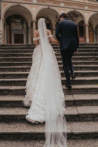 Vestido de novia de tul con hombros descubiertos y apliques de encaje WD582