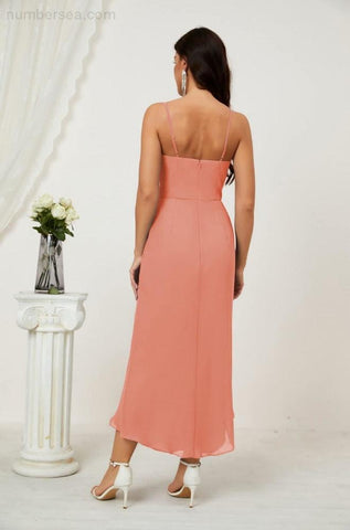 Vestido de dama de honor de gasa con escote en V y abertura media, vestido formal de fiesta, vestido de bienvenida 2803 