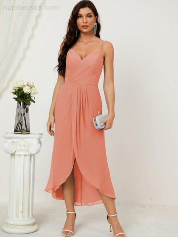 Vestido de dama de honor de gasa con escote en V y abertura media, vestido formal de fiesta, vestido de bienvenida 2803 