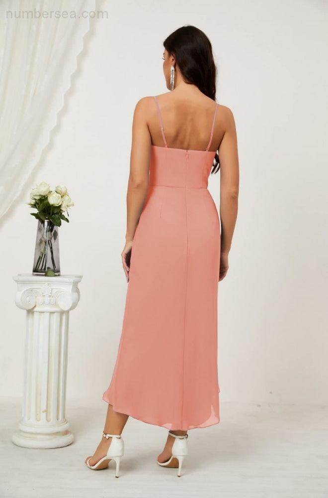 Vestido de dama de honor de gasa con escote en V y abertura media, vestido formal de fiesta, vestido de bienvenida 2803 