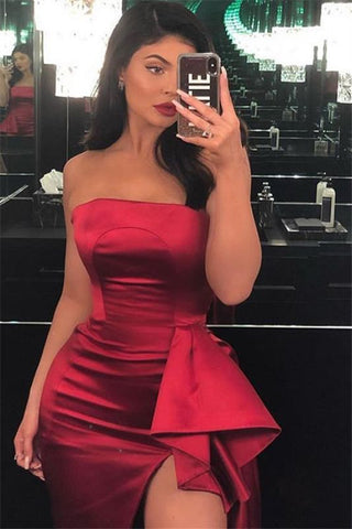 Bateau Sleeveless Ruffle Burgundy Strapless Side-Slit Mermaid Long Prom Dress