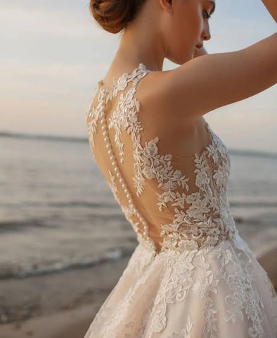 Vestidos De Novia Línea A para playa, Vestidos De Novia sin mangas con cuello redondo, apliques personalizados, Vestido De Noiva