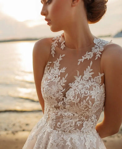 Vestidos De Novia Línea A para playa, Vestidos De Novia sin mangas con cuello redondo, apliques personalizados, Vestido De Noiva