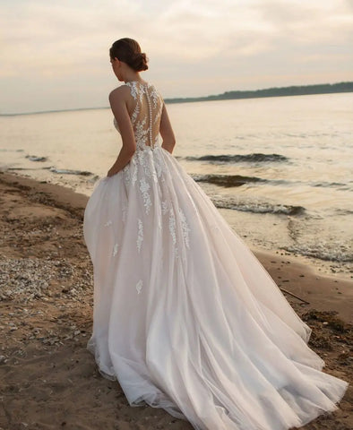Vestidos De Novia Línea A para playa, Vestidos De Novia sin mangas con cuello redondo, apliques personalizados, Vestido De Noiva