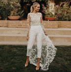 Beach Sexy Open Back Pants Suit Wedding Dresses For Women Applique Lace Long Sleeves Bridal Gowns Cheap New Vestido De Novia