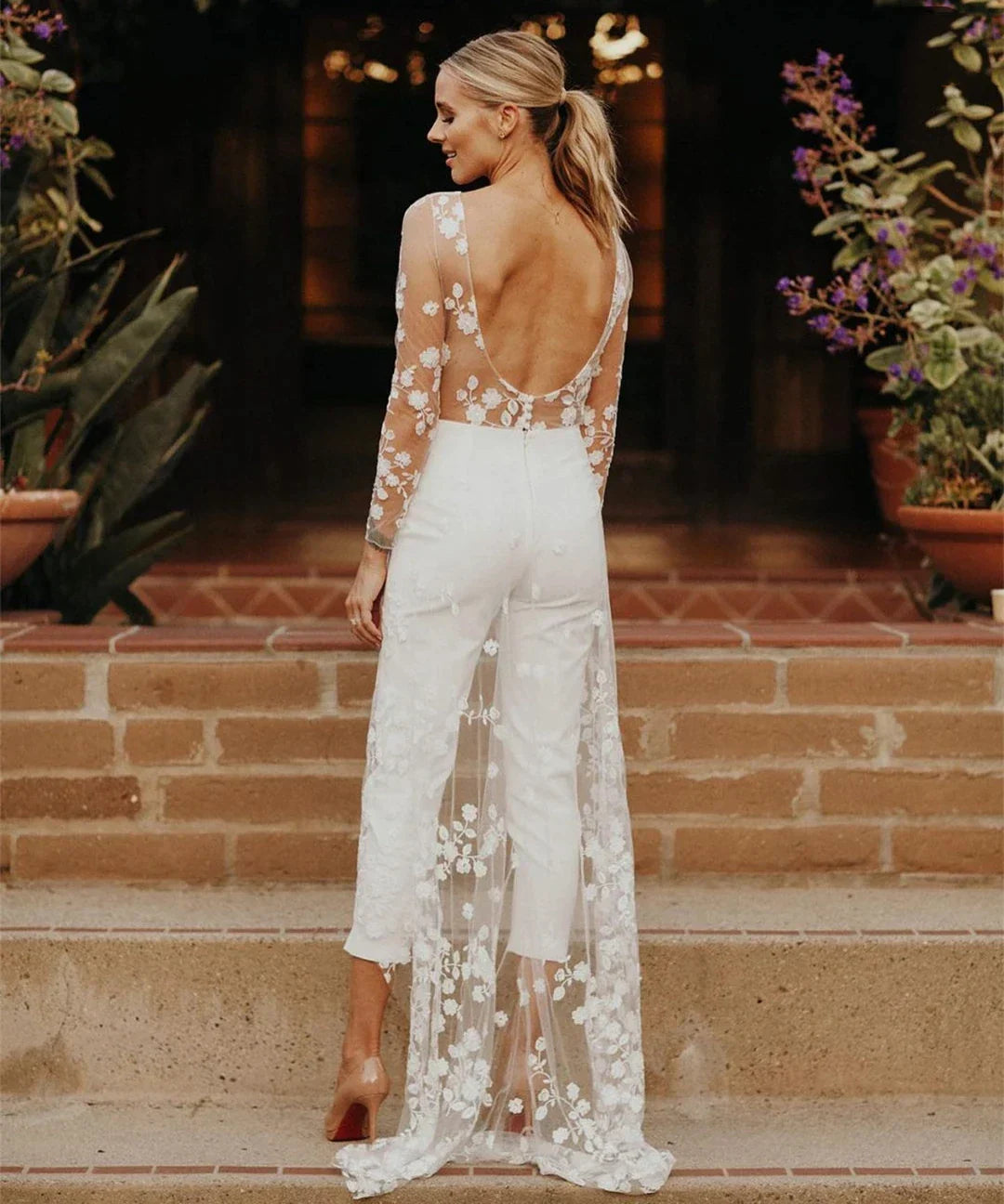 Beach Sexy Open Back Pants Suit Wedding Dresses For Women Applique Lace Long Sleeves Bridal Gowns Cheap New Vestido De Novia