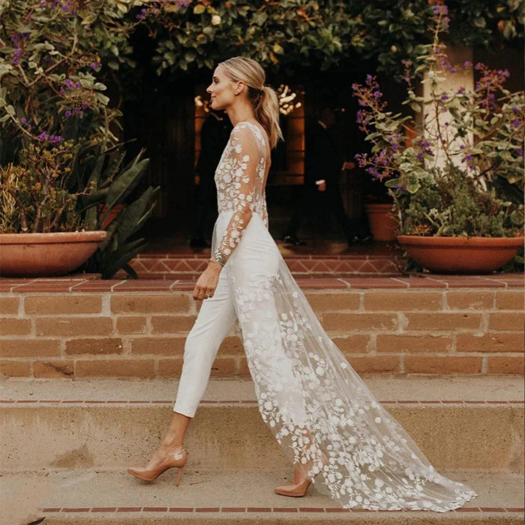 Beach Sexy Open Back Pants Suit Wedding Dresses For Women Applique Lace Long Sleeves Bridal Gowns Cheap New Vestido De Novia