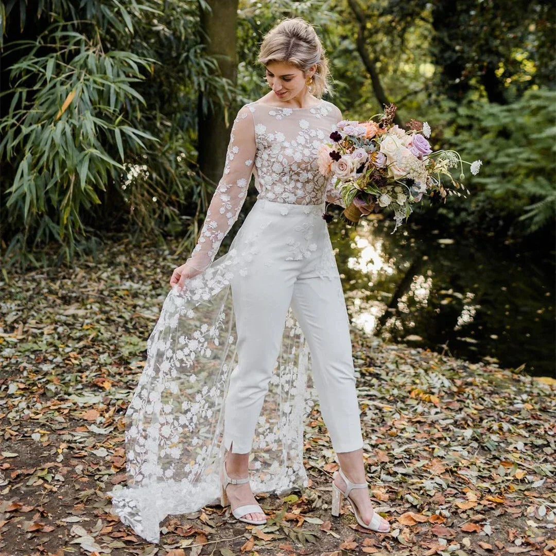 Beach Sexy Open Back Pants Suit Wedding Dresses For Women Applique Lace Long Sleeves Bridal Gowns Cheap New Vestido De Novia