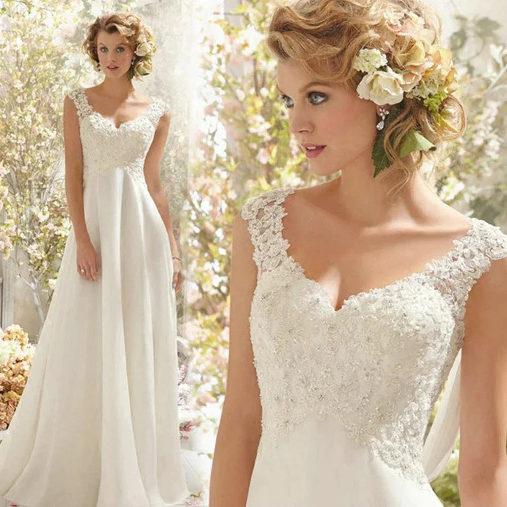 Beach Wedding Dresses Women's Elegant Double Shoulder Mermaid Chiffon Lace Applique Bridal Gowns Sexy Backless Vesido De Noiva