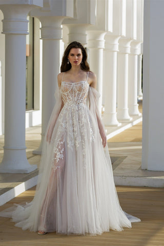 Preciosos vestidos de novia blancos de corte A, con tirantes finos, encaje de tul y manga larga, con apliques.