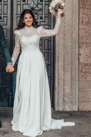Preciosos vestidos de novia largos de corte A, cuello alto, encaje y gasa con mangas largas.