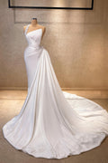 Beautiful	A-line One Shoulder Sleeveless Rhinestone Satin train white Long Prom Dress